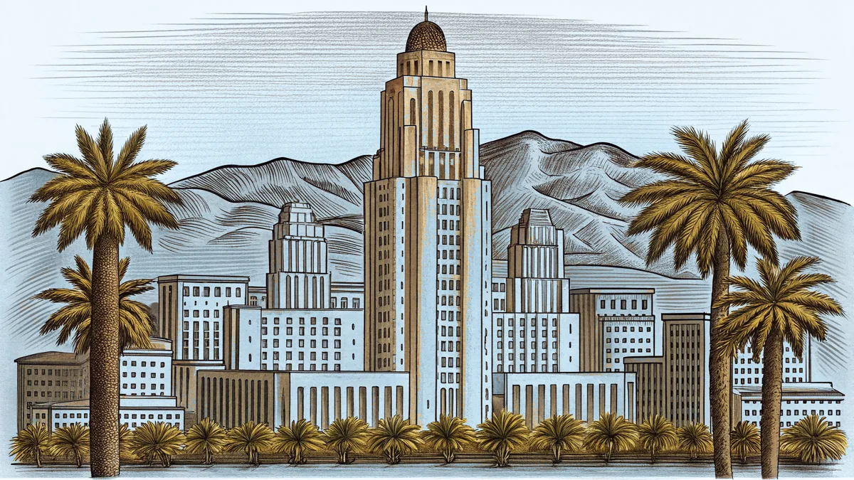 Palm trees and historic buildings dominate a sprawling Los Angeles cityscape.