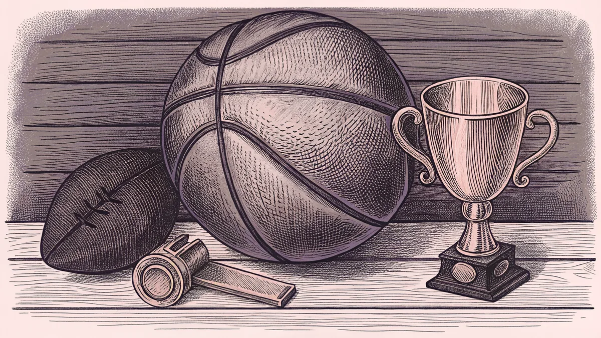 A leather basketball sits beside a whistle and championship trophy on a court.