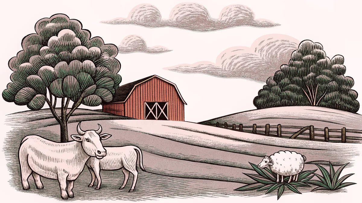Farmyard animals gathered in front of a red barn with fields.