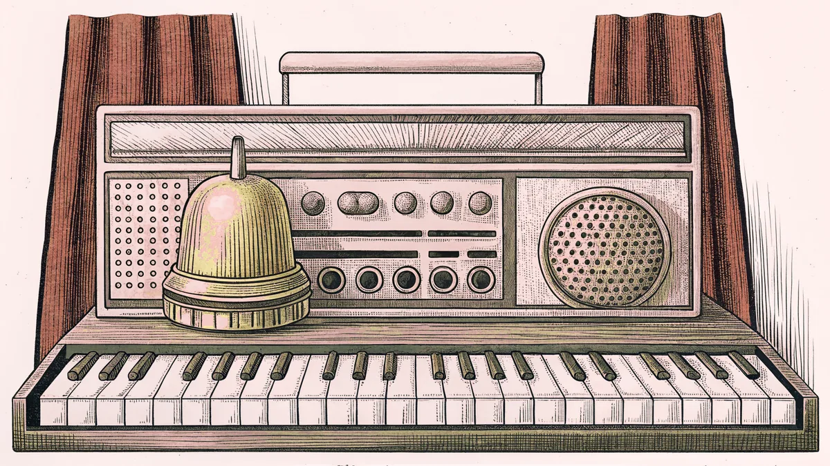 A brass hotel bell and a vintage radio sitting beside a piano keyboard on a table.