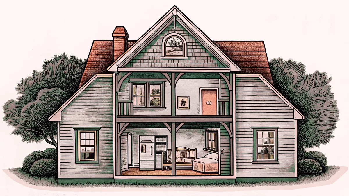 A cutaway view of a house revealing multiple rooms from kitchen to bedrooms to garden.