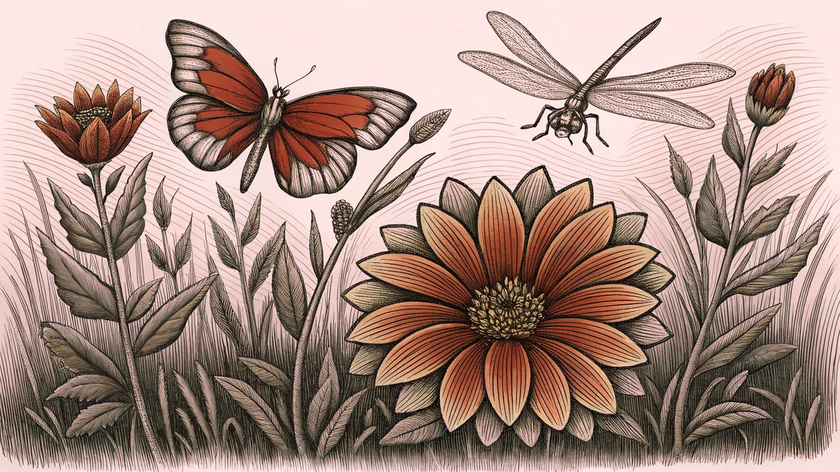 Garden insects including butterflies, dragonflies, and ants among flowers and plants.