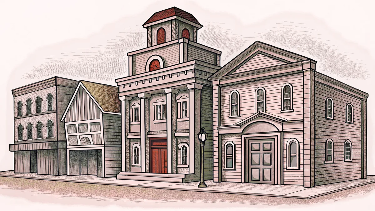 A bustling town street with diverse buildings including shops, schools, and public spaces.