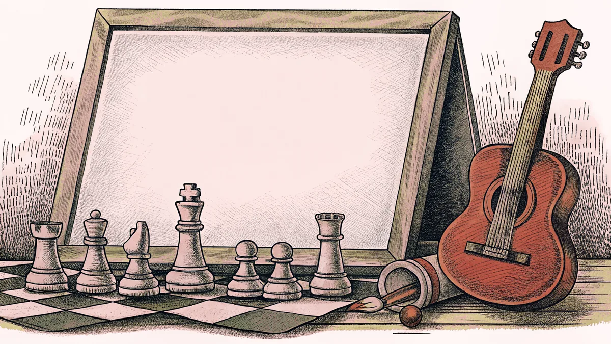 A chess set beside a guitar, with a paintbrush resting on a small easel.