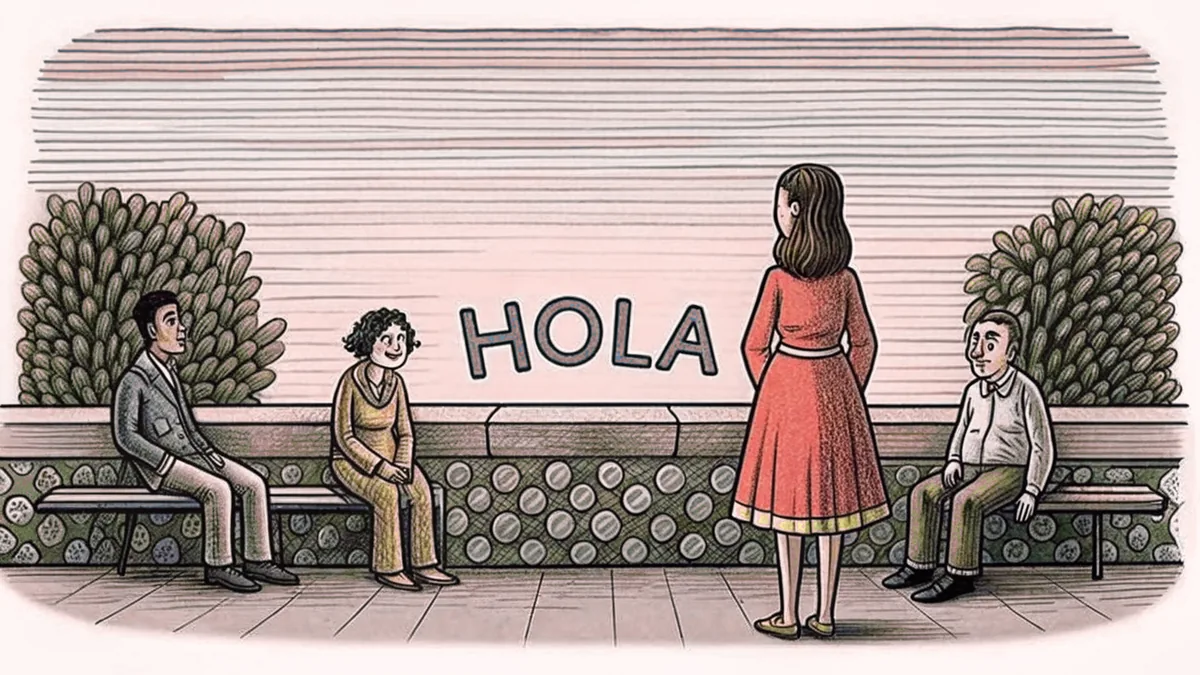 Two women embracing warmly on a sunny Spanish street corner.