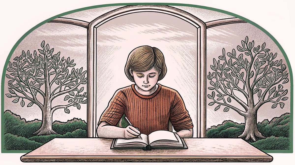 A scholar studying intently at a desk with children playing in the yard beyond.