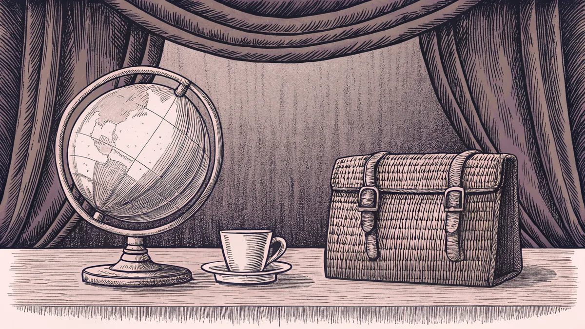 A globe stands beside a teacup and a woven leather satchel on a table.