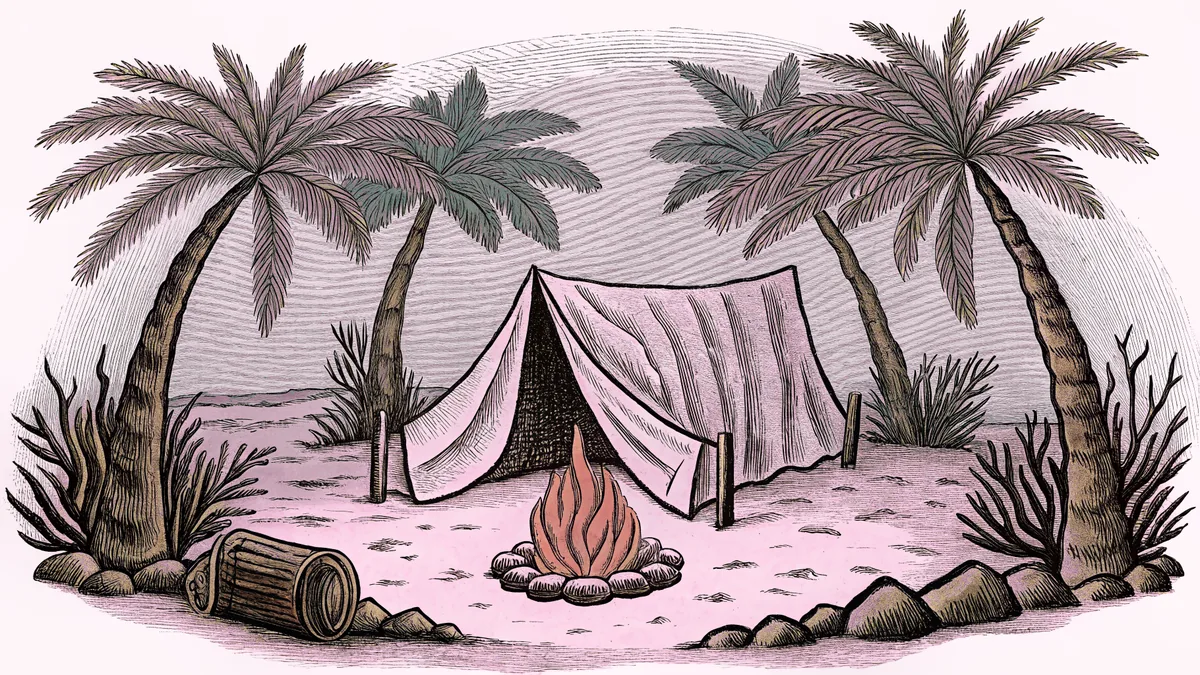 A tropical beach encampment features palm trees, driftwood shelter, and a fire pit.