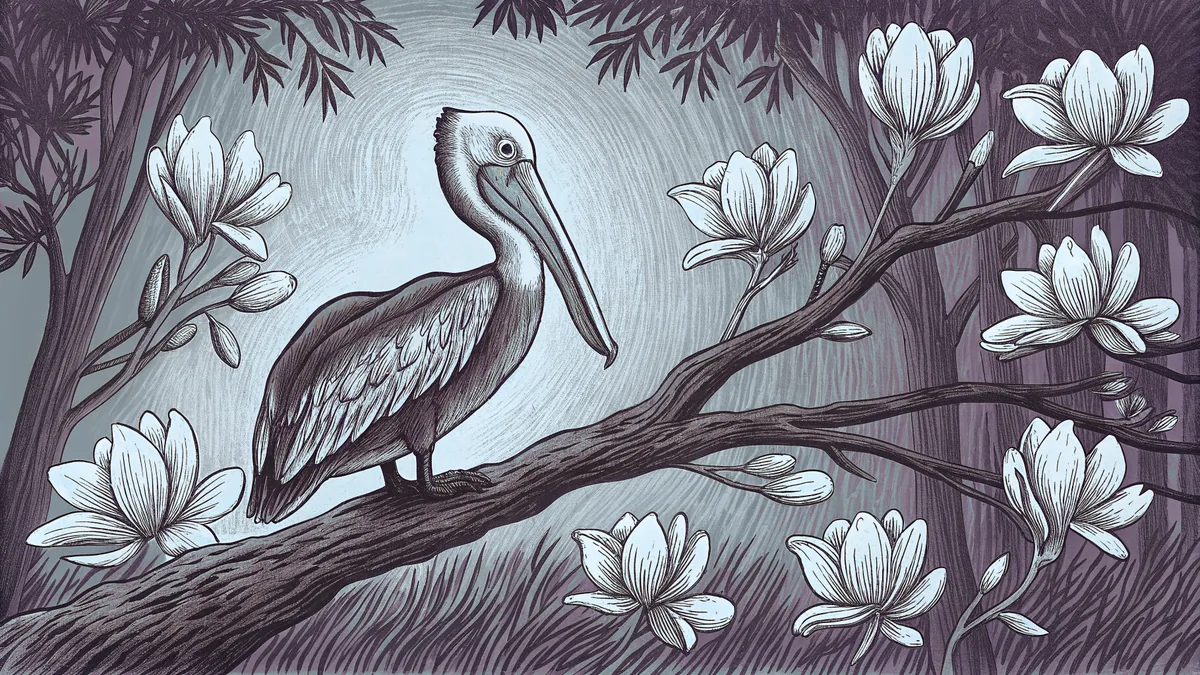 Pelicans nest among bald cypress trees adorned with magnolia flowers.