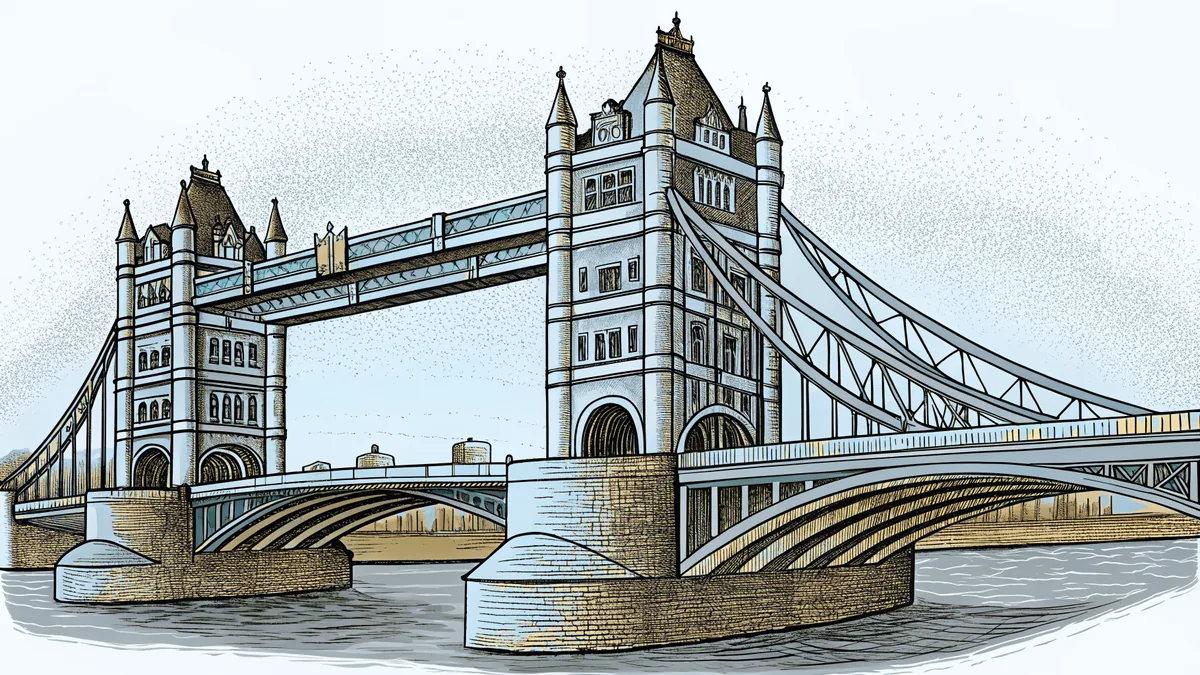 A striking bridge crosses a river above a famous racetrack with thoroughbred horses