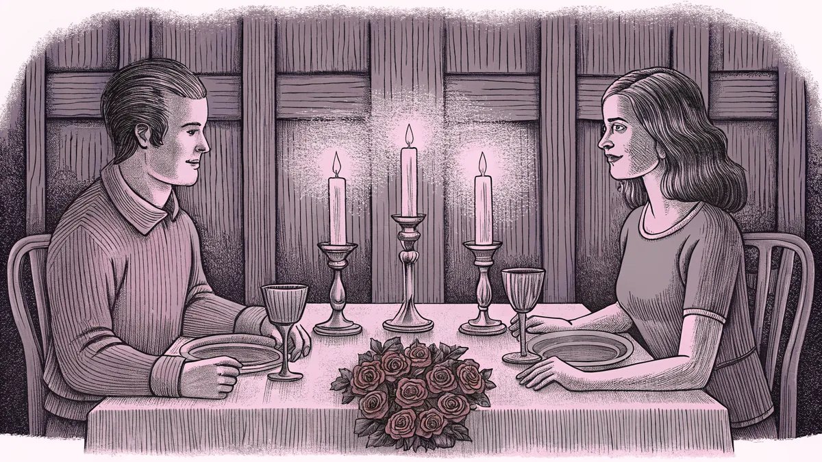 A romantic dinner glows by candlelight with red roses in a vase nearby.