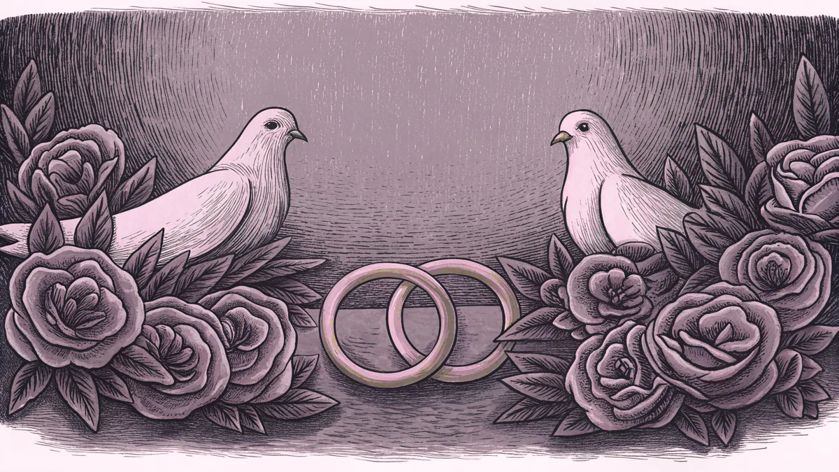 A gold ring nestles among crimson rose petals with white doves beside it.