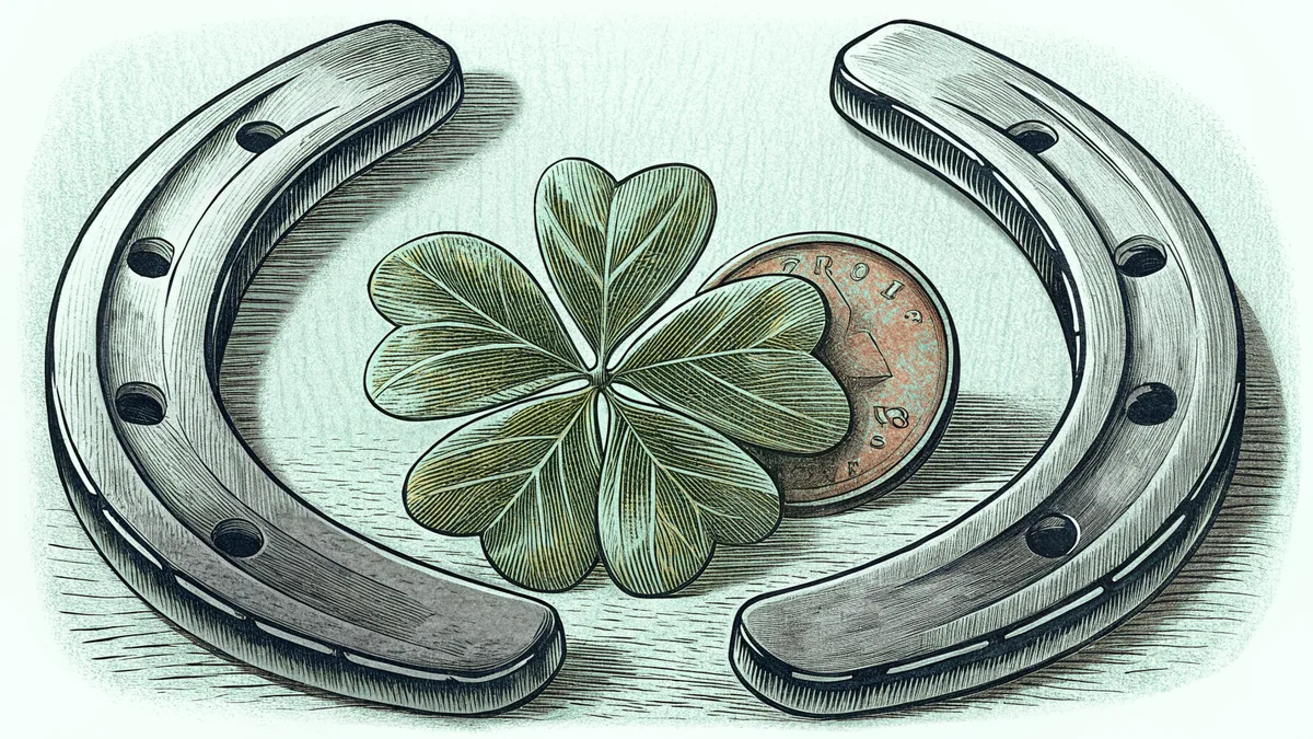 Lucky charms arranged together—horseshoe, clover leaf, penny, and shining rainbow.