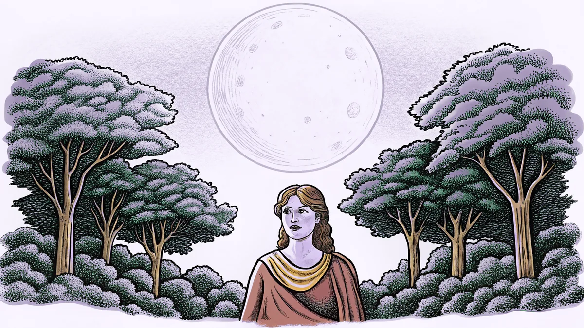 A full moon illuminates a wild forest where a huntress stalks prey.