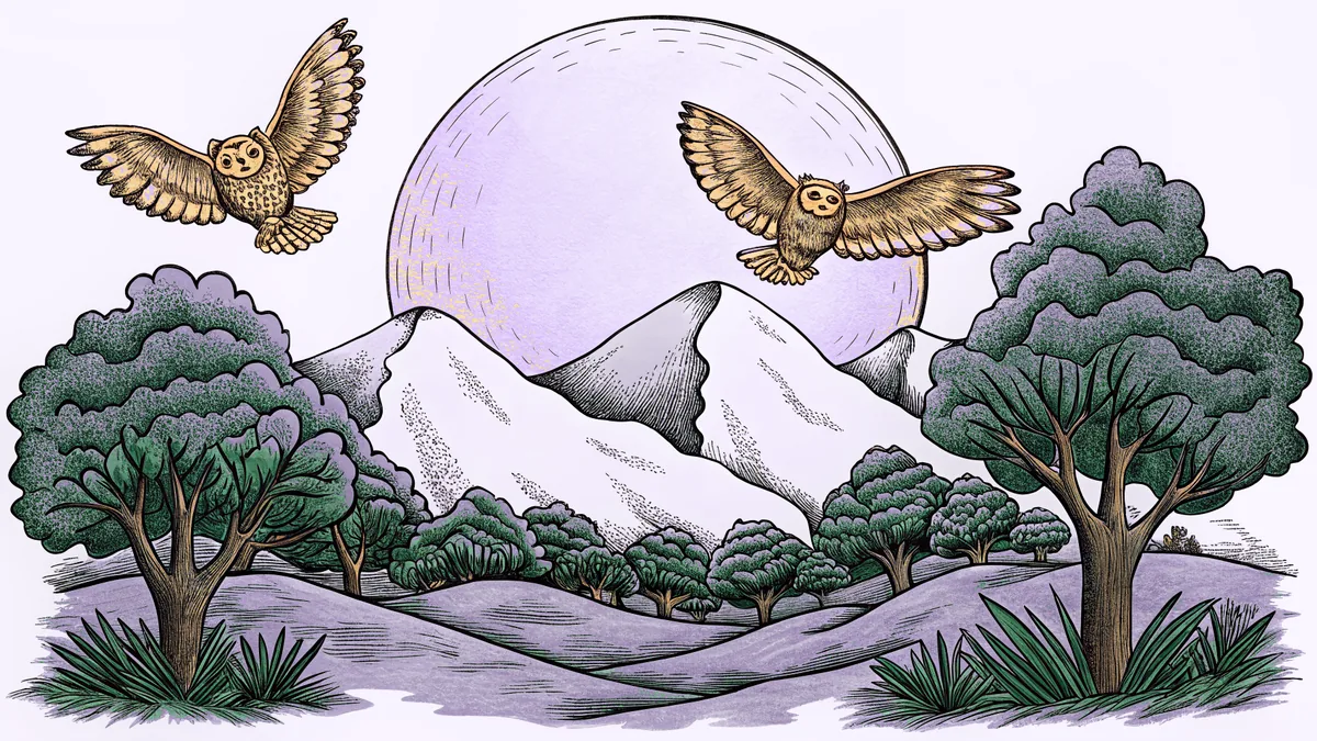 A massive moon ascends over shadowed peaks as nocturnal creatures stir.