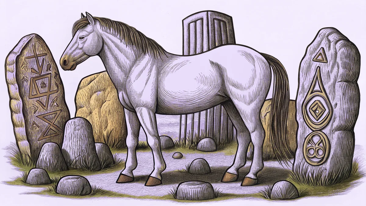 A pristine horse rests beside weathered megalithic stones in a misty valley.