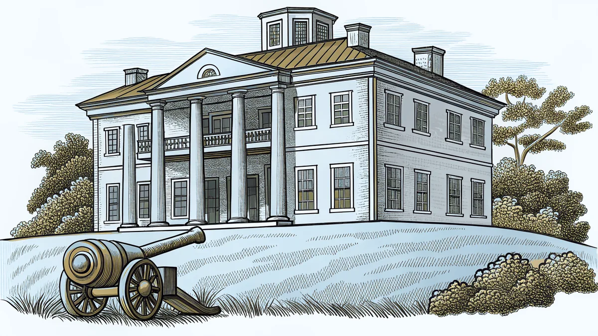 A stately antebellum mansion sits on a hillside overlooking a winding river