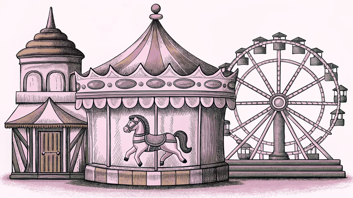 An ornate carousel horse stands before a fairground game booth with a bell tower and miniature ferris wheel nearby.