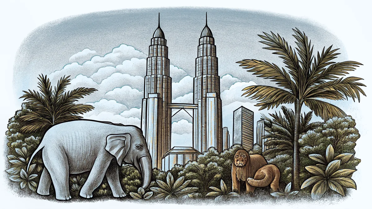 Twin Petronas Towers dominate Kuala Lumpur's skyline above lush forest with wildlife