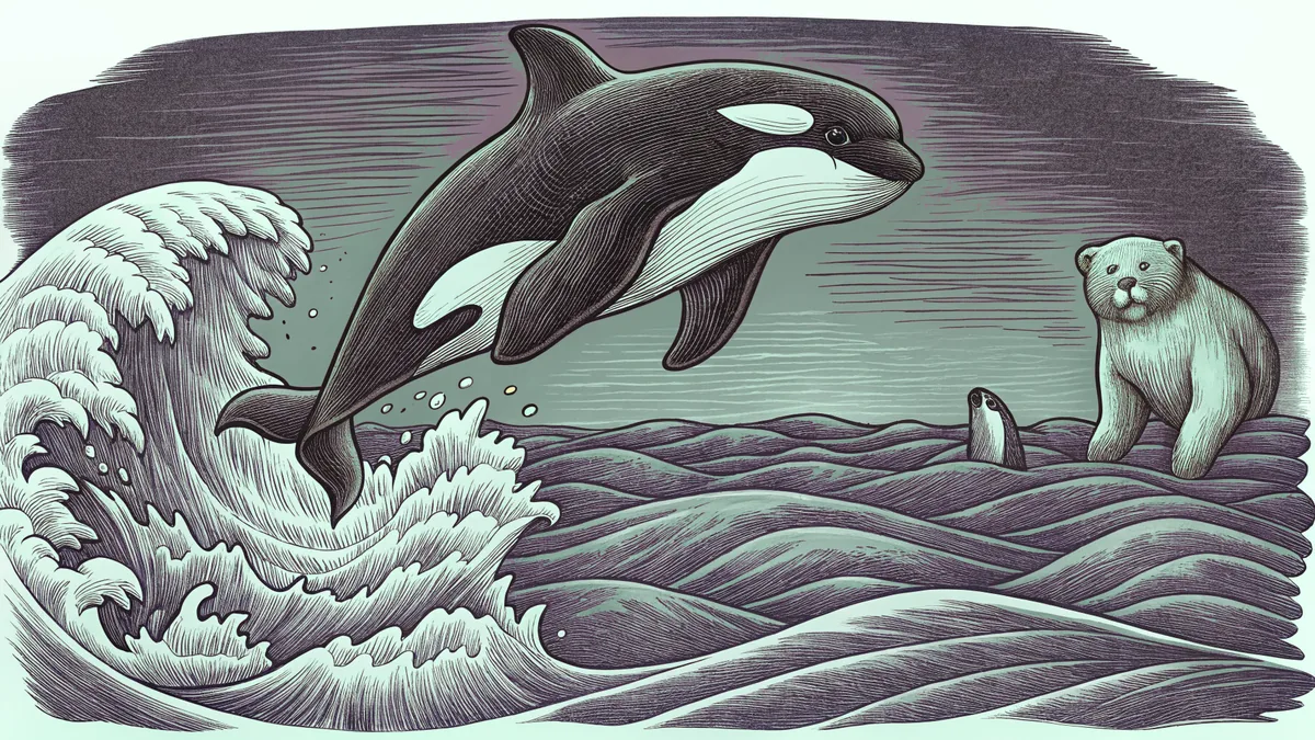 Marine mammals including an orca and polar bear in an Arctic seascape.