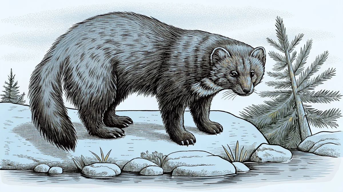 A wild fisher cat prowling a pine forest beside a clear lake.