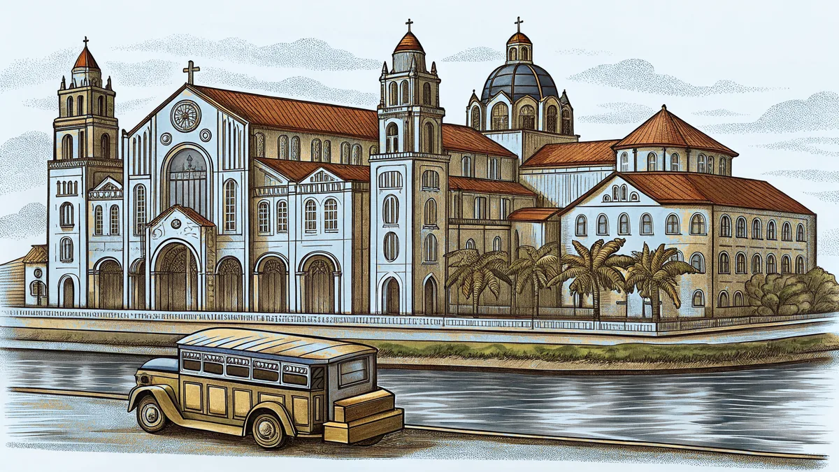 Historic churches and a jeepney along the Pasig River in Manila