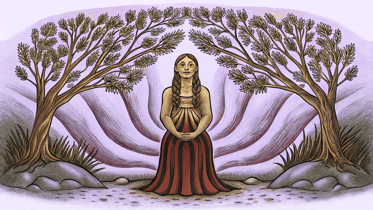 Maori deities of earth and sky with lush native trees and natural landscapes between them.