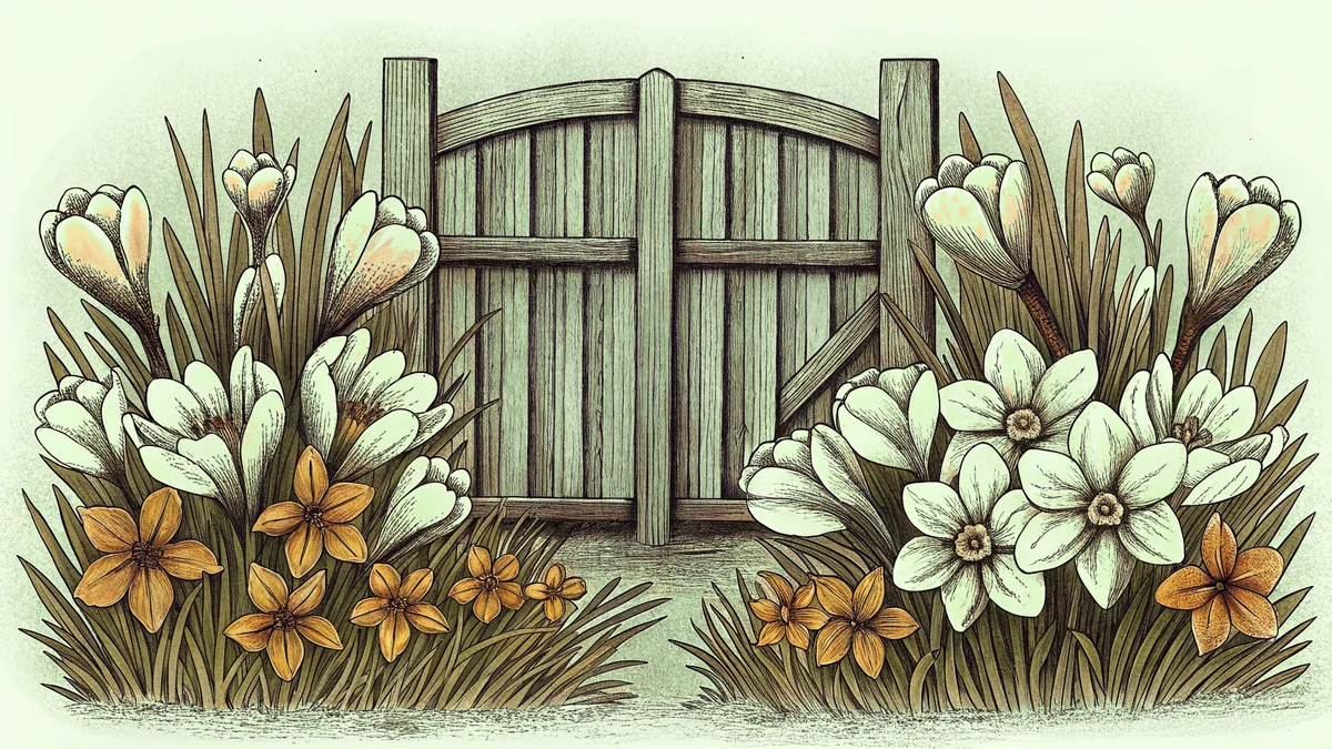 Daffodils and crocuses rising through grass beside a garden gate.