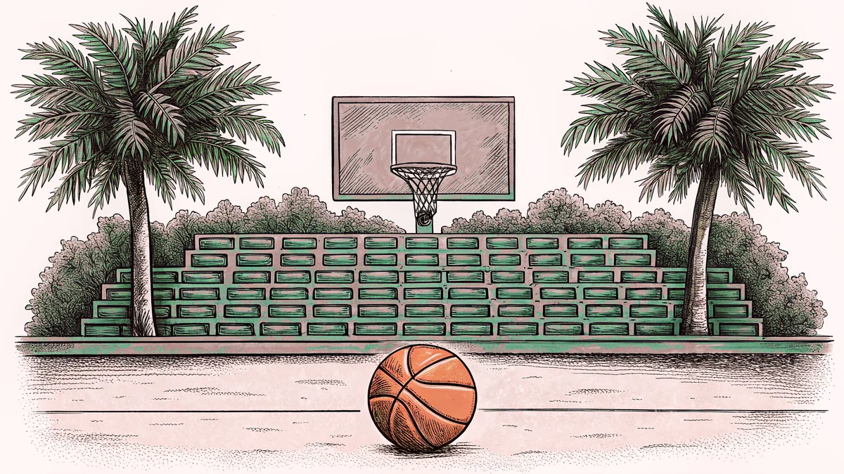 A plain orange basketball rests on an empty wooden court beneath a hoop with a white net.