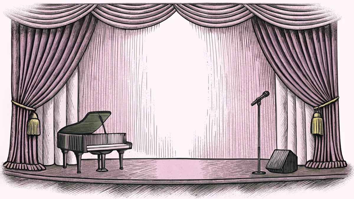 A grand piano stands beside a microphone on an elegant stage with warm amber lighting and velvet curtains.
