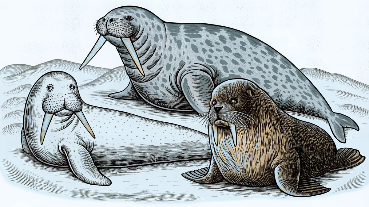 Various marine mammals including seals, walruses, sea otters, and tusked narwhals.