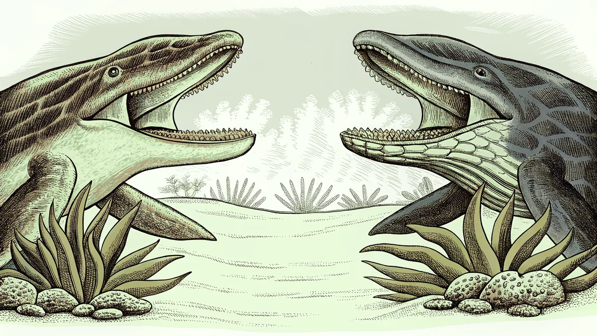 Prehistoric ocean creatures swimming through water.