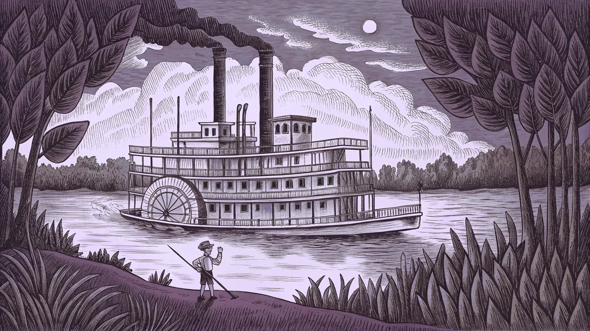 A paddle-wheel steamboat on the Mississippi River with a boy fishing on the shore.