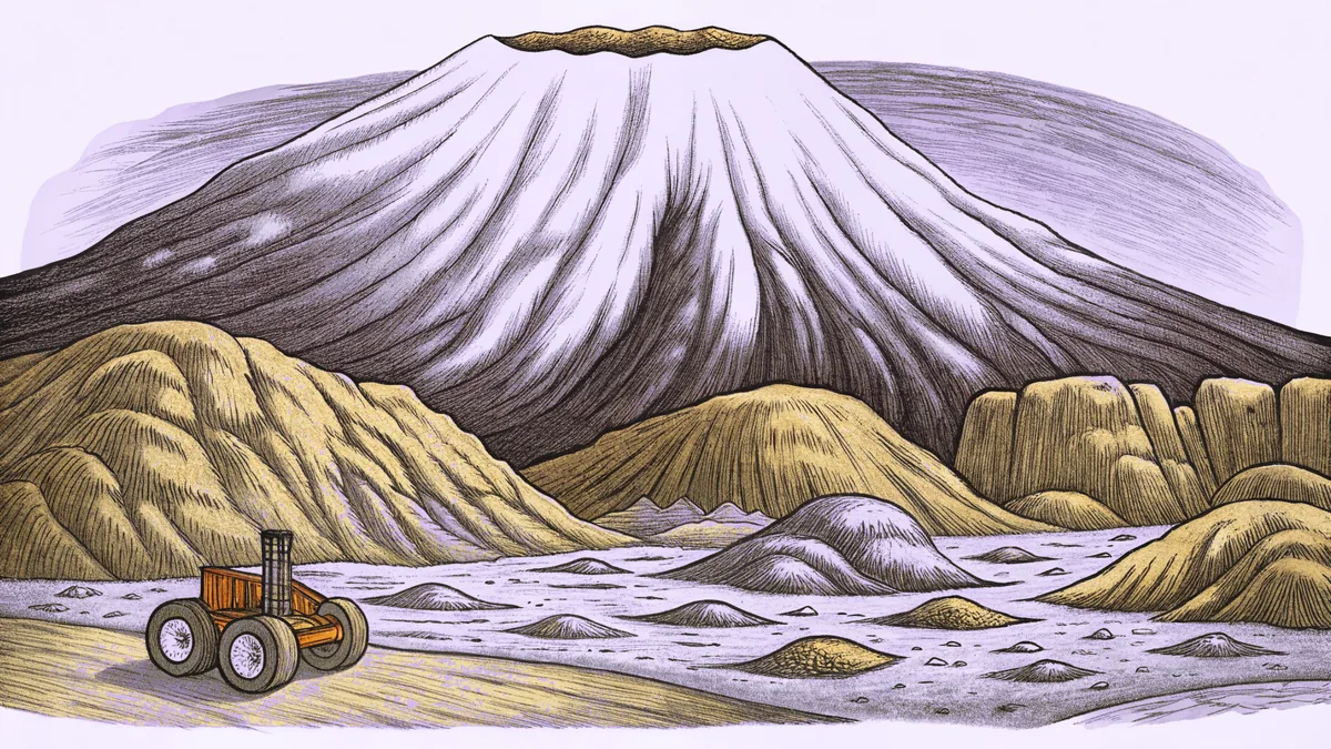 Red Martian terrain with massive Olympus Mons volcano, white polar ice caps, and exploring rover.