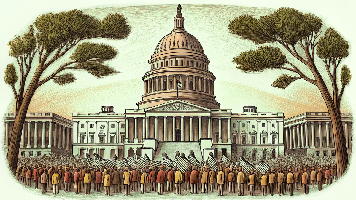 A unified crowd marches peacefully under banners promoting equality and justice.