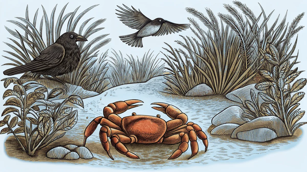 A crab emerges from sand as ravens and an oriole fly above.