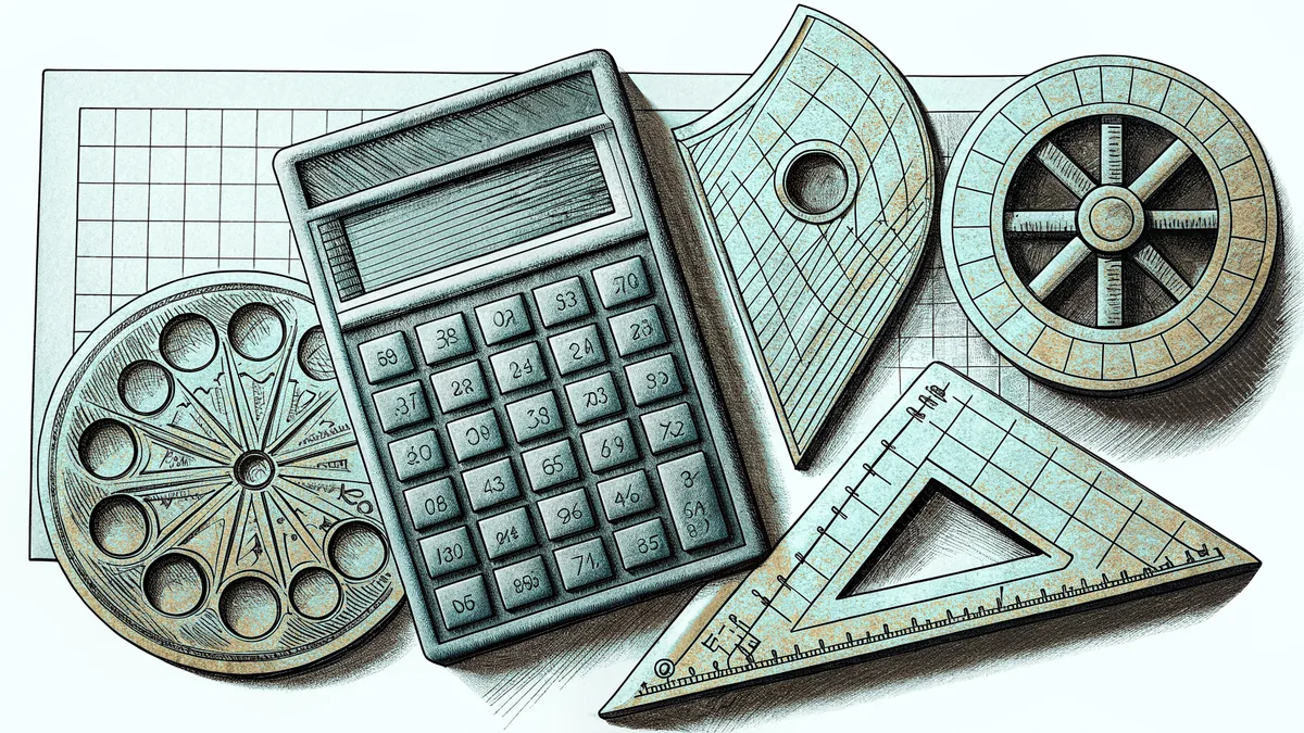 Calculator surrounded by geometric shapes and mathematical grid patterns