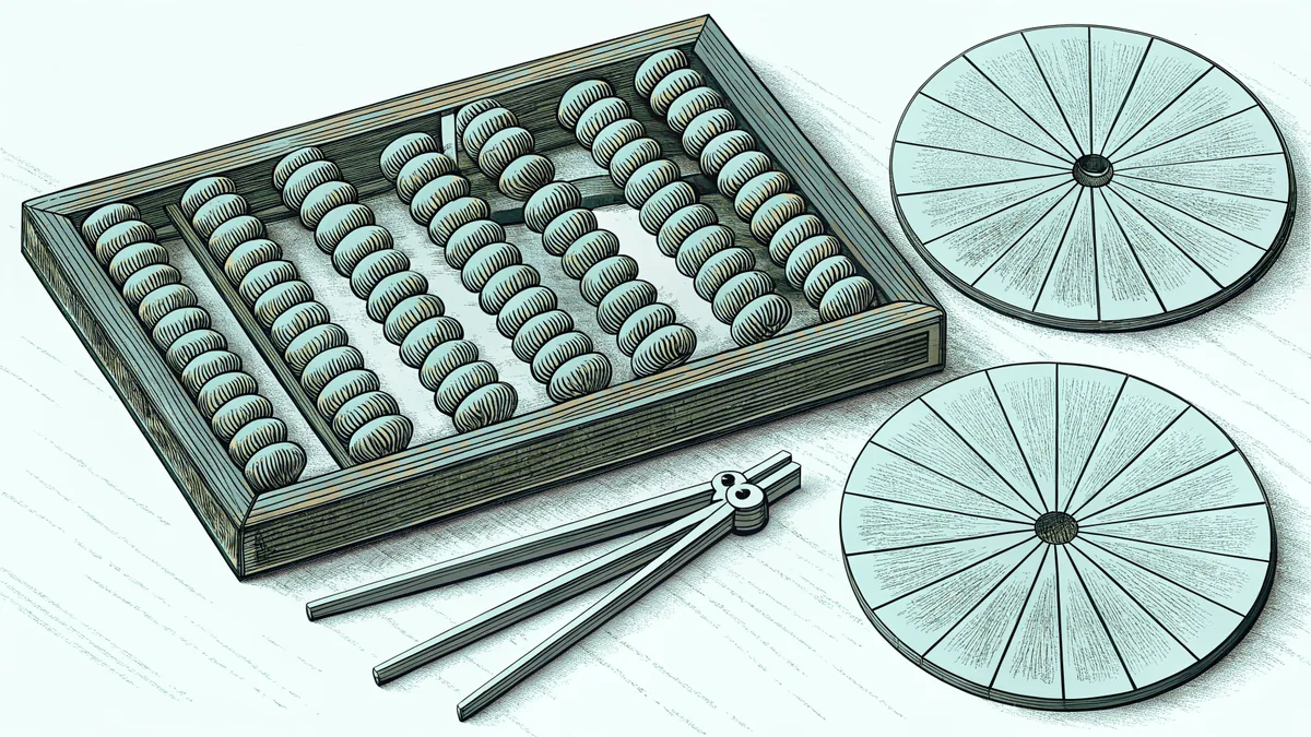 A wooden abacus sits beside fraction circles and a pair of dividers on a school desk.