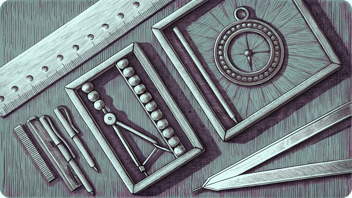 Math tools including an abacus, compass, and protractor on a wooden desk.