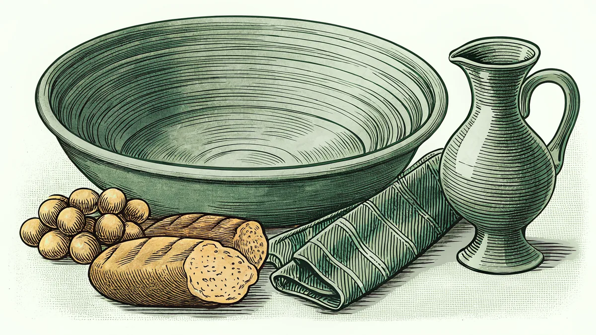 Bread, wine, a basin, and towel evoke Maundy Thursday's Last Supper tradition.