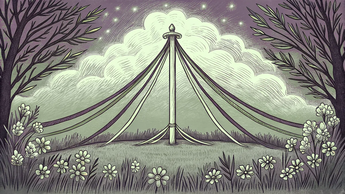 Streamers swirl around a maypole draped with flower crowns in a spring celebration.