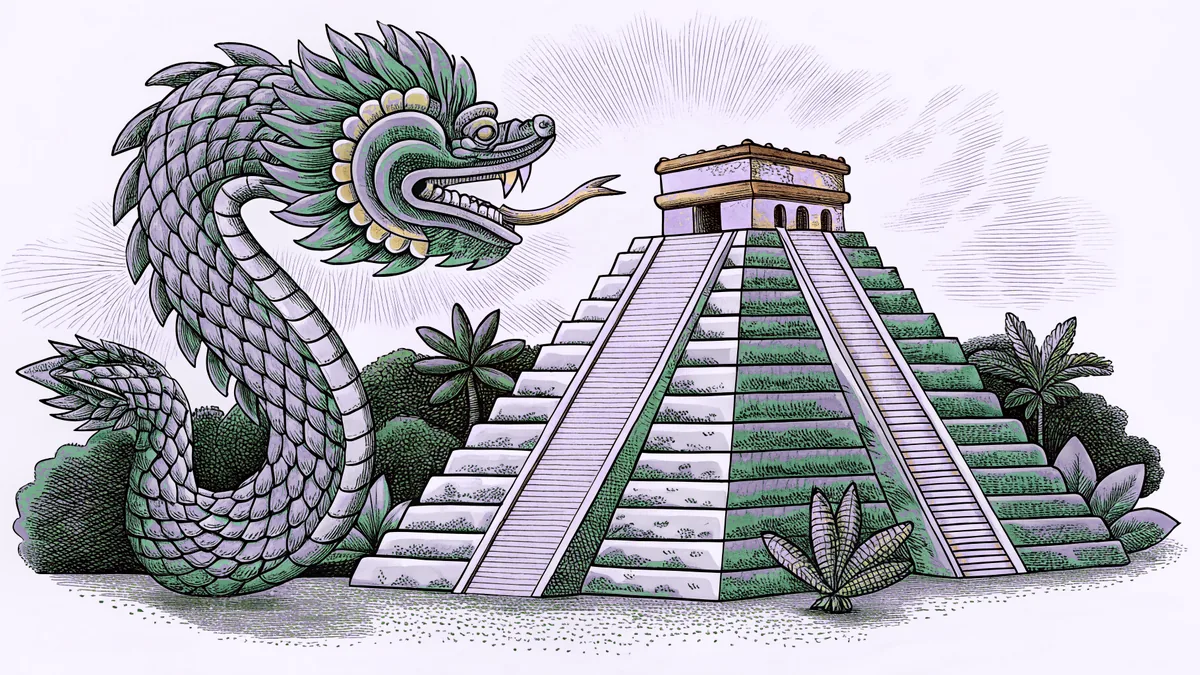 A carved serpent monument towers above a crumbling pyramid in the rainforest.