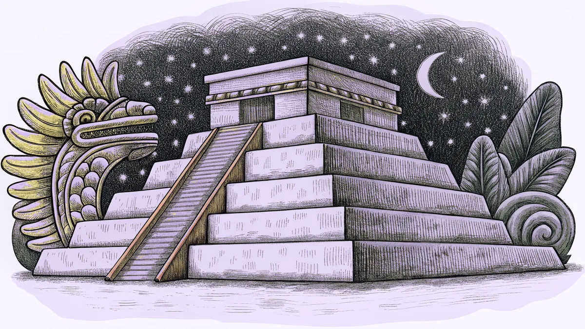 A jade serpent monument guards the entrance to an ancient ceremonial pyramid.