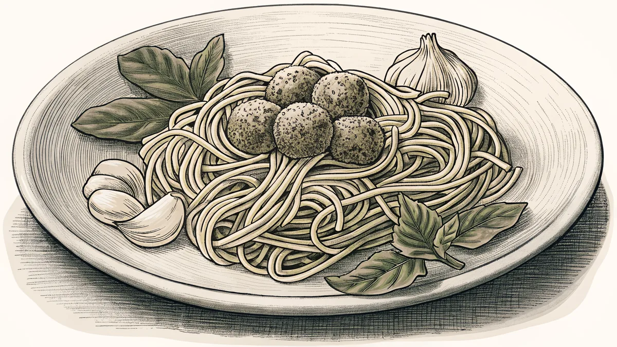 A steaming bowl of spaghetti topped with seasoned meatballs, fresh herbs, and grated cheese.