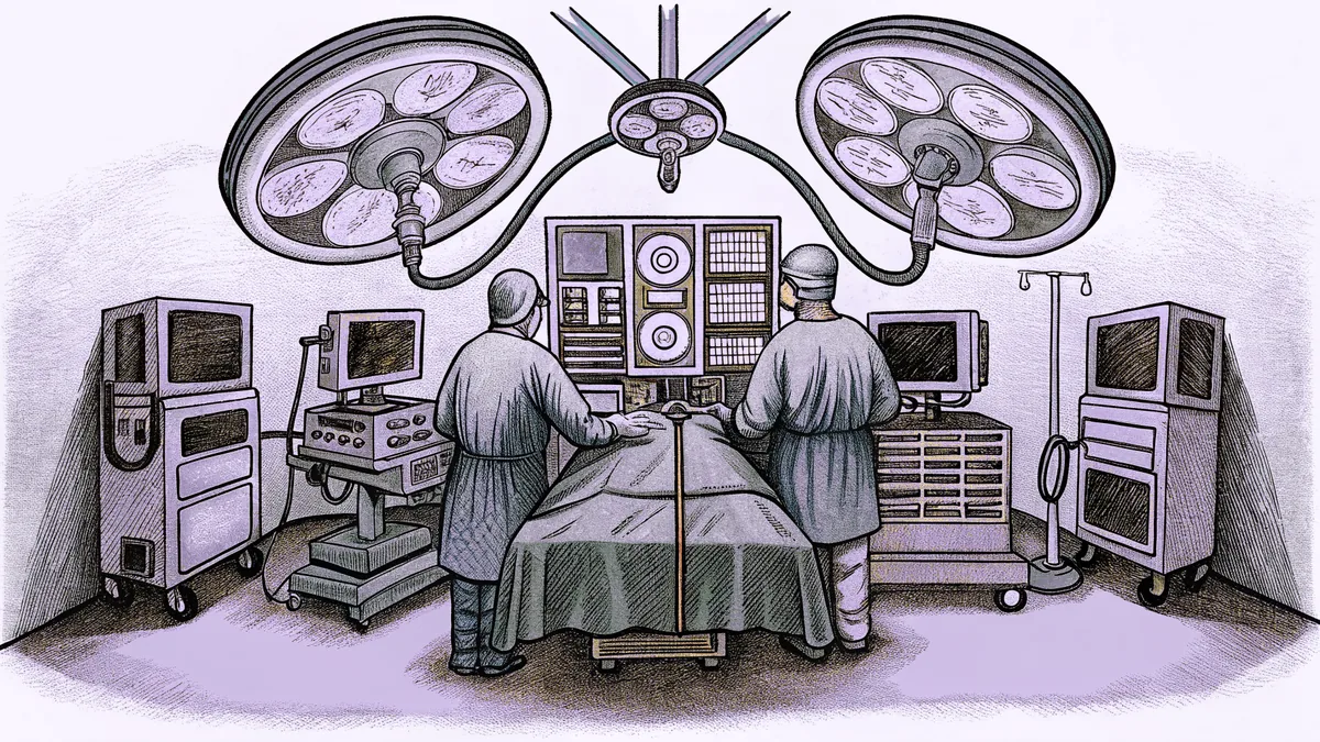 A medical operating room with surgical equipment and monitoring devices.