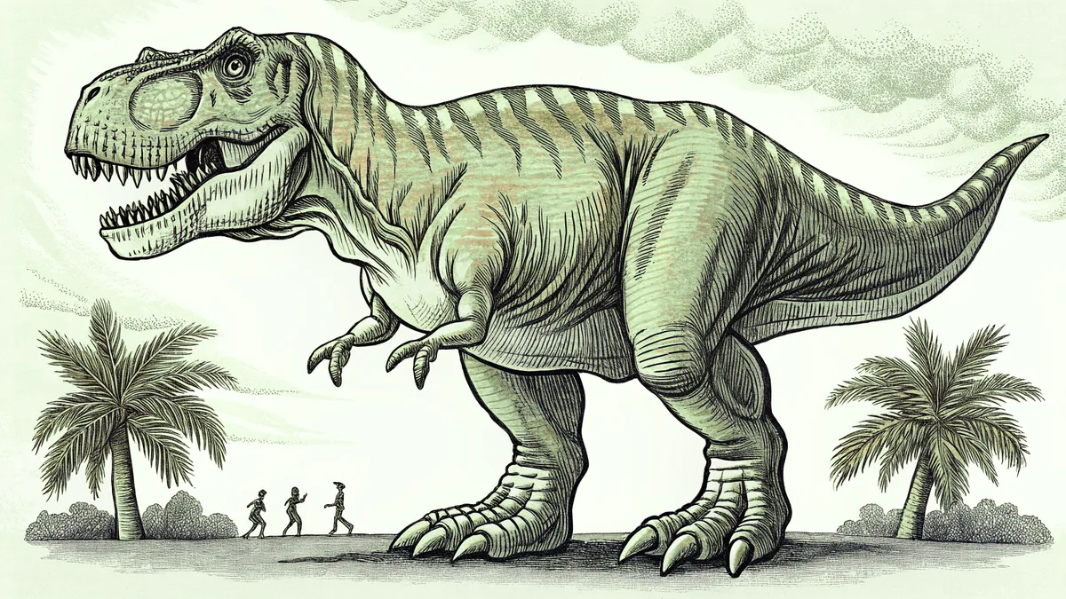 A fierce T-Rex with sharp teeth, claws, and spikes in a prehistoric landscape.