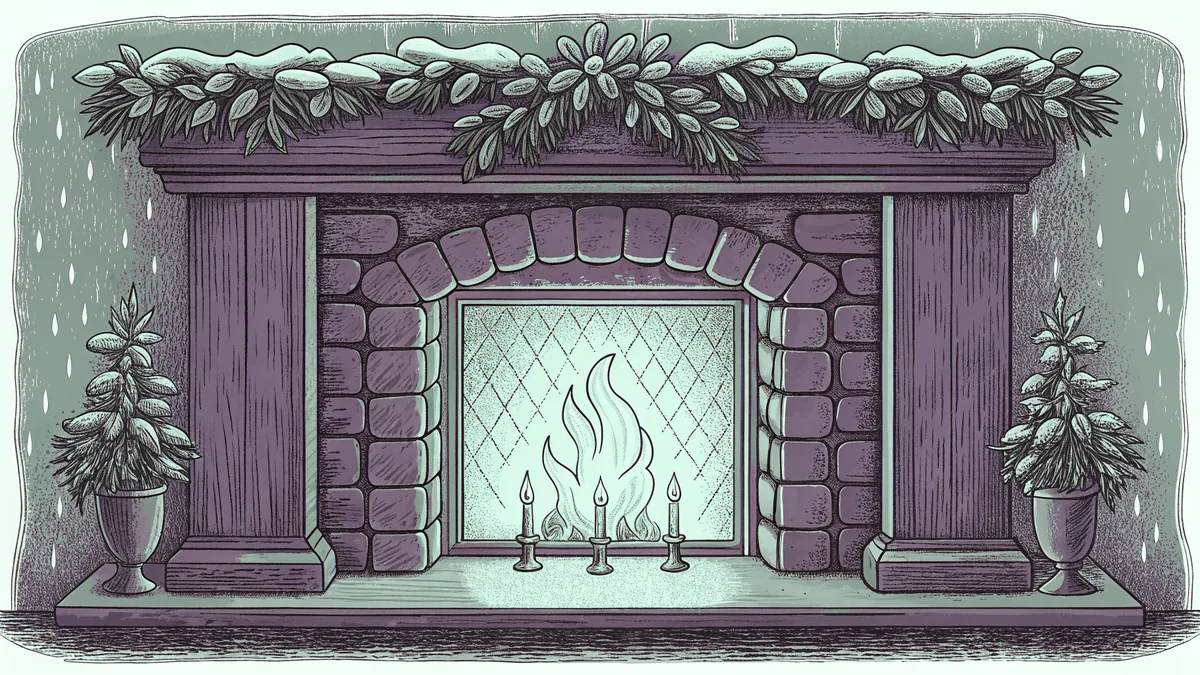 Warm fireplace glow spills across a snug room while snow accumulates outside the window.