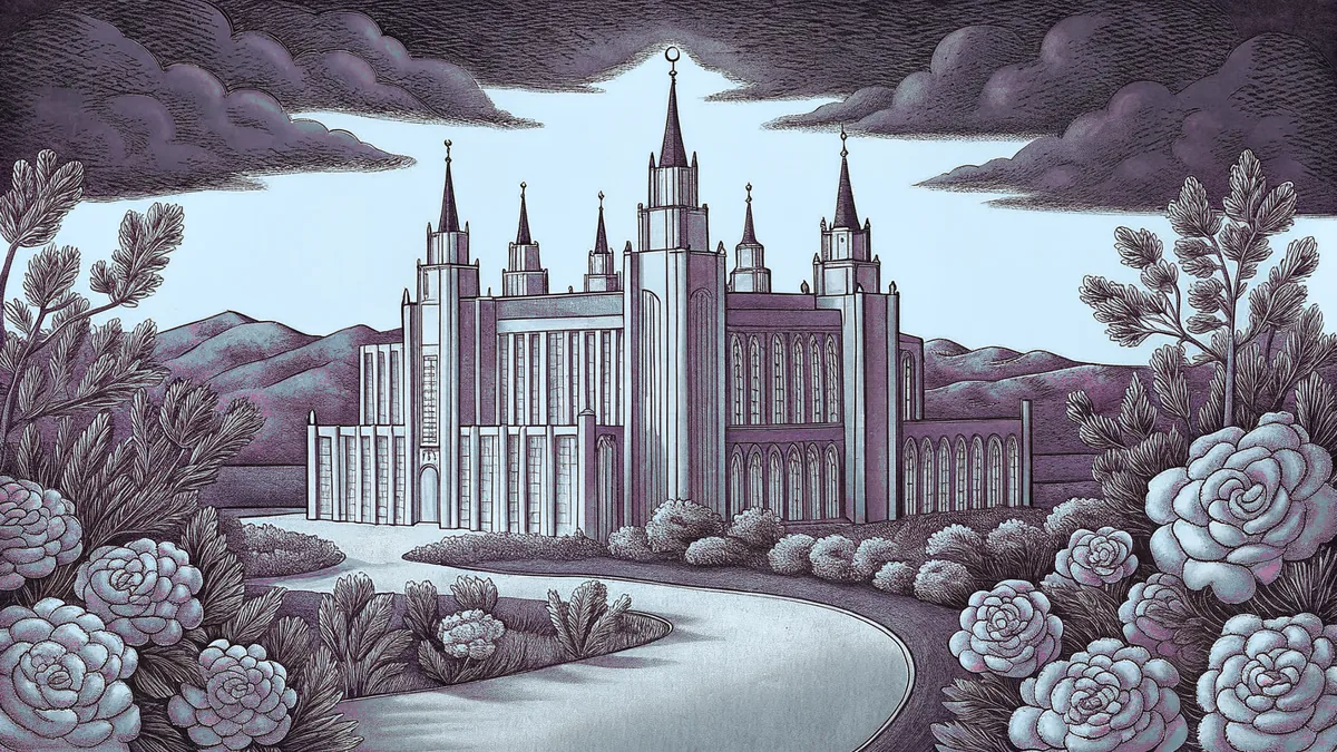 A grand temple and blooming rose garden overlook a canyon with a winding river