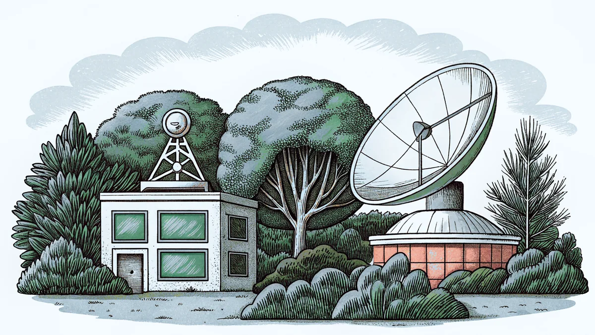 Weather forecasting equipment including satellite dish, instruments, radar, station.