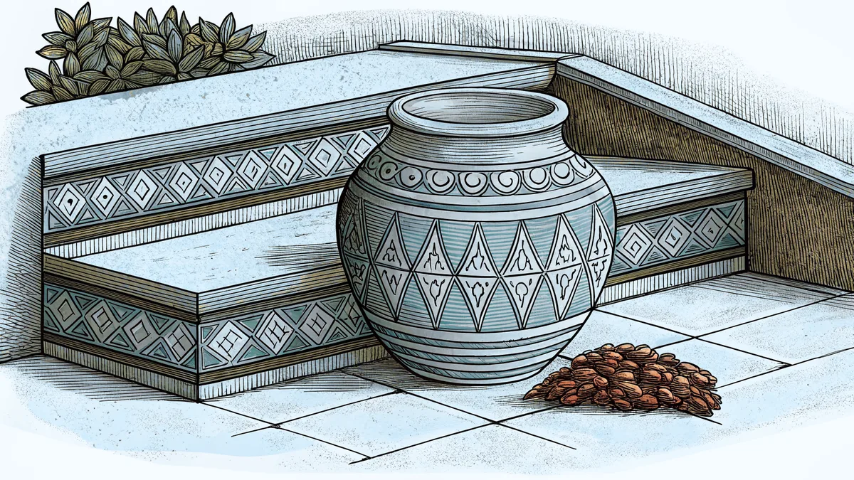 A hand-painted clay pot beside a stack of dried chilies on a patterned tiled step.